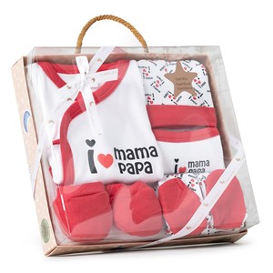 Mod. Ensemble de vêtements pour nouveau-né Mama-Papa 5 pièces (Chemise Pantalon Gants Bavoir Chaussettes) en rouge 100% coton pour 0-6 mois - Motif lettres - Product Image 1