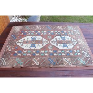 Vintage Rug, 4.4x6.3 ft Area Rug, <b>Brown</b> Blue <b>Wool</b> Rug - Product Image 3