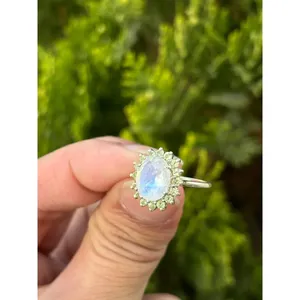 925 Platinum Oval Cut Natural Stone Gemstone <b>Ring</b> with Moonstone Peridot for Engagement Geometric Geometry Design IGI Certified - Product Image 3