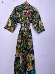 Nouvelle robe kimono en coton à motif avant, robe de bain à imprimé oiseau, robe longue bohème à enrouler - Product Image 4