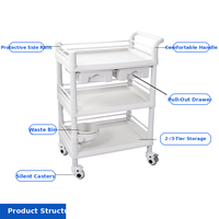 Chariot utilitaire médical blanc en ABS avec étagères, un tiroir, deux bacs, barrières de sécurité et surface de travail lisse pour usage clinique