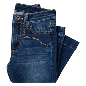 Jeans de Tiro Alto con Corte de Campana, Mezclilla Elástica Azul, Corte Ajustado, Bolsillos Delanteros de Parche, Jeans Modernos para Mujer, Lavado Vintage - Product Image 5