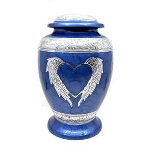 Urna Funeraria con Forma de Corazón y Alas de Ángel Azules con Detalles Plateados para Cenizas de Adultos - Product Image 1