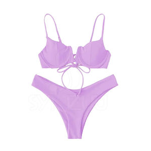 Conjunto de Bikini de Corte Alto de Color Sólido Personalizado, Estilo Sexy, Ropa de Playa para Mujer, Estampado de Logotipo Frontal, Talla Regular, Conjunto de Bikini con OEM - Product Image 1