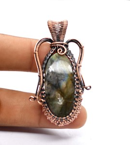 Labradorite Gemstoone Fil de Cuivre Enveloppé Pierre de Sang Pendentif Collier à la Mode Bijoux en Cuivre - Product Image 2