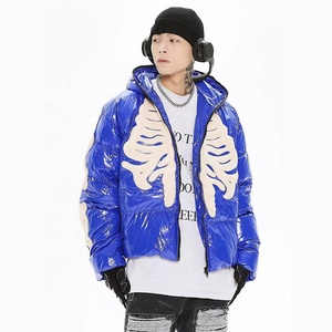 Veste matelassée bleue pour homme, nouvelle broderie tête de mort, style fermeture éclair complète, veste d'hiver légère en duvet - Product Image 3