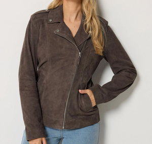 <b>Suede</b> Moto <b>Jacket</b> Women Stand Collar Zipper Front Slim Fit Autumn Solid Color Regular Sleeve PU Leather <b>Jacket</b> - Product Image 1