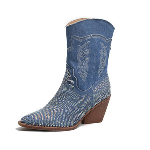 <span class=keywords><strong>Botines</strong></span> Vaqueros de Mujer de Primera Calidad, Tendencia 2023, <span class=keywords><strong>Botines</strong></span> Casuales con Tacón Cuadrado Bajo, <span class=keywords><strong>Botines</strong></span> de Moda con Pedrería - Product Image 1