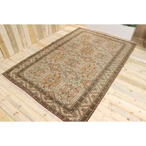 Alfombra Vintage Grande de 6.5x9.7 pies, Alfombra Turca de Lana con Diseño Floral en Tonos Marrón y Azul - Product Image 1