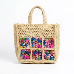 Bolso tote de ganchillo para mujer, estilo bohemio, con paneles bordados, abierto por encima, para todas las estaciones - Product Image 2