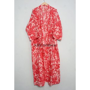 Bata de baño tipo kimono de lujo, 100% algodón, con estampado floral rojo a mano, estilo indio, para dormir, traje de baño, bata de estar por casa, verano/primavera - Product Image 1