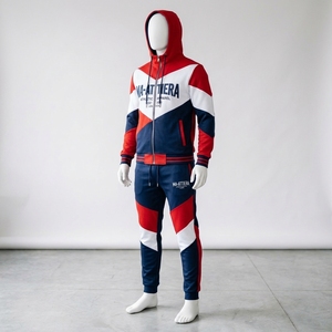 Conjunto Deportivo para Hombre, Sudadera con Capucha y Pantalones Jogger en Bloques de Color Rojo, Blanco y Azul Marino, Ropa Deportiva para Gimnasio, Entrenamiento, Running y Fitness - Product Image 3