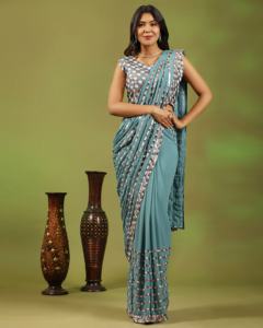 Pure Georgette Listo Para Usar Sari Con Lentejuelas Multi Trabajo A Precio Al Por Mayor Por Fabricante Indio - Product Image 2