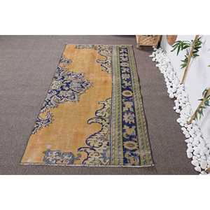 พรมตุรกีขนาด 3.3x6.4 ฟุต, พรมวินเทจลายตกแต่ง, พรมขนสัตว์สีเบจ-น้ำเงินลายนามธรรม - Product Image 1