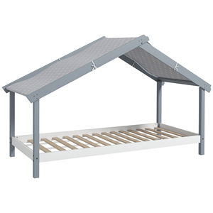 HOMCOM Lit de maison en bois de pin à 15 lattes avec toit étoilé en tissu, 213x100x140 cm, gris - Product Image 1