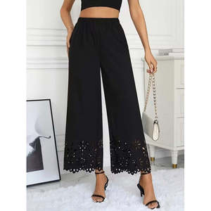 Women's High <b>Waist</b> <b>Elastic</b> <b>Waist</b> Floral Pattern Laser Cut Detail Imported Crepe <b>Trousers</b>, 36049 - Black - Product Image 1