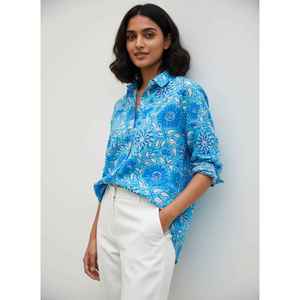 Camisa Casual de Manga Larga para Mujer, Estampada a Mano, Azul y Blanca con Diseño Floral, Tela de Popelina de Algodón Modal, Diseño Dibujado a Mano, Talla XL, Bordada - Product Image 1