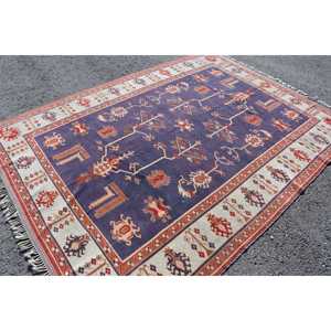 Alfombra Turca Vintage de 6.4x8.8 pies, Alfombra con Borde Azul - Product Image 1