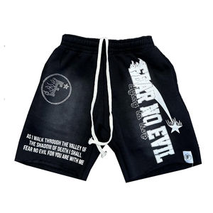 Custom Streetwear Acid Wash Cotton Drawstring Rhinestone Screen Printing Hip Hop Streetwear <b>Baggy</b> <b>Shorts</b> - Product Image 2