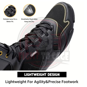 Chaussures de boxe à lacets légères et respirantes de couleur unie noire, soutien de la cheville élevé, dessus en cuir véritable, logo personnalisé - Product Image 5