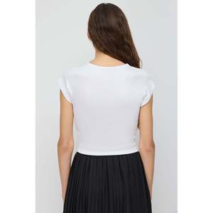 Camiseta Corta Informal de Verano para Mujer, Ajustada, de Manga Corta, Talla XS, Transpirable, de Algodón y Elastano, con Decoración de Letras - Product Image 4