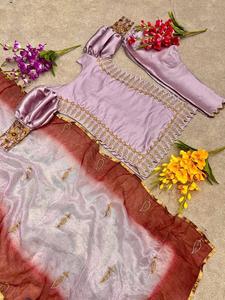 Soie de satin de qualité pure de concepteur avec broderie et bordure manches complètes avec tissu de travail à la main en diamant à un coût efficace - Product Image 2