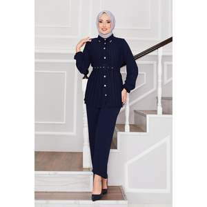 Navy Blue Pleated <b>Short</b> <b>Top</b> <b>and</b> <b>Shorts</b> 2-Piece <b>Set</b> above Knee Casual Clothes for Autumn Season - Product Image 4