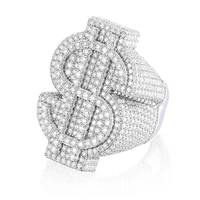 Signe de dollar en argent de luxe Bague glacée pour hommes avec pierres CZ Bold Hip Hop Déclaration Argent Symbole Bijoux