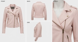 เสื้อแจ็คเก็ตหนังแพะสีชมพูแบบสั่งทำพิเศษสำหรับผู้หญิง ตกแต่งด้วยฮาร์ดแวร์ทองเหลืองโบราณ ซิปแบบดึง ทรงเข้ารูป สำหรับฤดูหนาว - Product Image 4