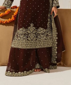 LATEST GEORGETTE CODING SEQUENCE MOTI WORK <b>TOP</b> PALAZZO DUPATTA FESTIVE WEAR WHOLESALE PRICE ETHNIC GARMENT <b>BROWN</b> Rayon <b>Long</b> - Product Image 5