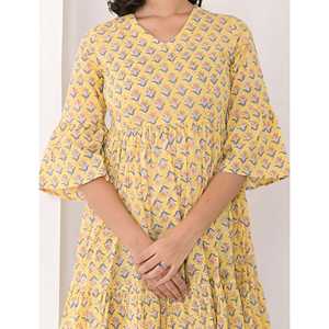 Vestido Casual de Algodón con Diseño Personalizado, Estampado en Bloques Amarillos, Largo hasta la Rodilla, Cintura Elástica, Transpirable, Tallas XS a 5XL para Uso Diario - Product Image 2