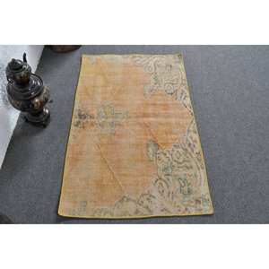 Tapis turc vintage 2.6 x 4.1ft Orange vert Patchwork laine grande surface Latex support Rectangle abstrait pour tapis de chambre de couloir - Product Image 1