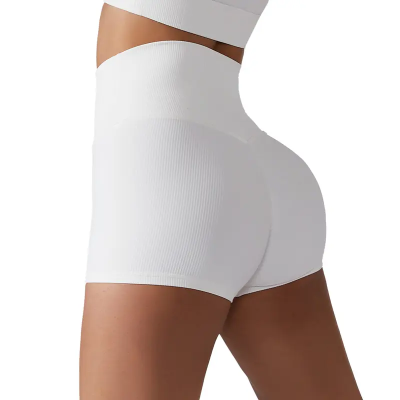 Pantalones cortos de ejercicio acanalados para mujer, pantalón de yoga sin costuras, cintura alta, sin costuras