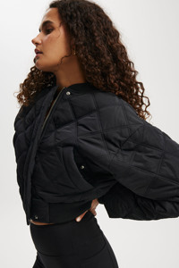 Quilted Bomber <b>Jacket</b> Women's Crop Style Full Sleeve Stand Collar Black Polyester Wadding Autumn Wear - Product Image 5