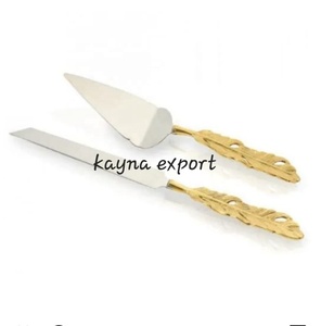 Couteau à gâteau de service d'hôtel de luxe nouveau concepteur feuille d'or fantaisie moderne nouvelle poignée couverts fabriqués à la main serveur de gâteau ensemble de 2 - Product Image 4
