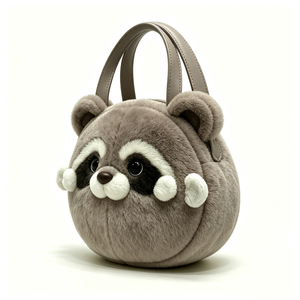 Bolso de mano personalizado con forma de animal de peluche, bolso redondo de peluche de mapache gris, bolso de hombro de peluche de mapache suave - Product Image 2
