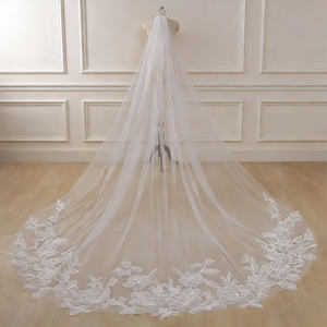 Elegante Velo <span class=keywords><strong>de</strong></span> Novia Largo <span class=keywords><strong>de</strong></span> Tul con Bordado <span class=keywords><strong>de</strong></span> Flores y Encaje, con Peine - Product Image 3