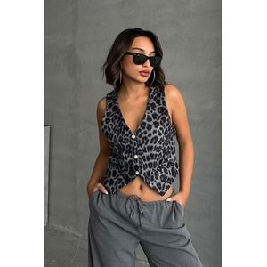 Chaleco Elegante de Cachemira con Estampado de Leopardo Gris para Mujer, Marca TOPSHOW - Prenda Exterior sin Mangas, Ideal para Venta al Por Mayor - Product Image 2