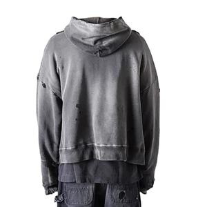 Diseño personalizado elegante rasgado desgastado recortada Zip up sudaderas con capucha de gran tamaño lavado con ácido Streetwear caída hombro hombres cremallera sudaderas con capucha - Product Image 2