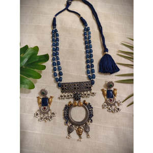 Tribal Tales Oxidized Kundan Dori Mala Necklace <b>Set</b> Fine Jewelry with Intricate Tribal Motif - Product Image 3