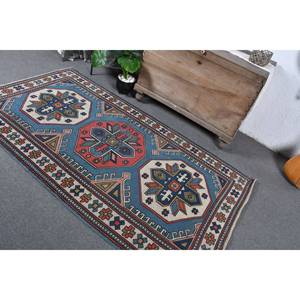 Alfombra étnica Vintage turca clásica de 3,9x7 pies de lana Azul Rojo diseño de retazos área grande para adolescentes rectángulo pasillo modelo látex - Product Image 4
