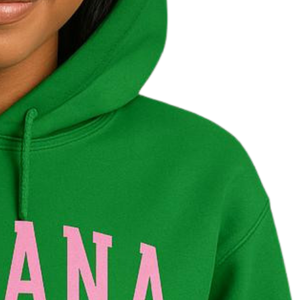 Sudadera con Capucha AKA Indiana State, Color Verde Kelly y Rosa, con Estampado Gráfico, Personalizada para Hermandades Griegas - Product Image 2