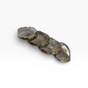 Smoky Grey Natural <b>Agate</b> Stone <b>Coasters</b> with Gold Edges for Minimal Elegant Home Decoration - Product Image 1