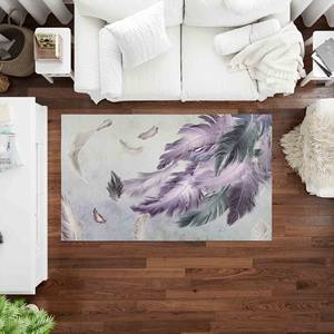 Alfombra con Diseño de Plumas: Alfombra Decorativa Contemporánea en Morado y Gris (Lavable a Máquina), con Pelo Suave - Product Image 2