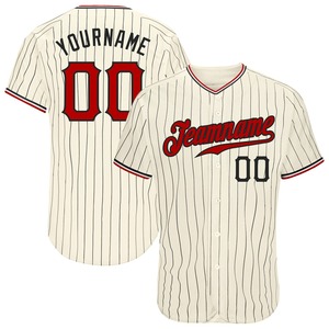 Ropa de equipo personalizada más vendida, camiseta de béisbol auténtica en negro crema negra a rayas roja y blanca - Product Image 1