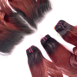 Pelo crudo de alta calidad Ombre Borgoña Paquetes de color ondulado con frontal y paquetes para hacer pelucas - Product Image 3
