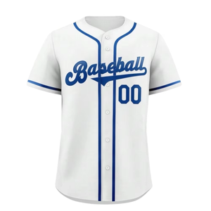 Camiseta de béisbol blanca personalizada, transpirable, de secado rápido, con botones, ribete azul, fabricante OEM ODM de marca privada - Product Image 1