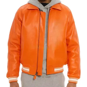 Men's Orange Varsity Jacket Solid <b>Colour</b> Button Front Turn Down Collar Regular Fit Casual Preppy Style Autumn Wear - Product Image 3