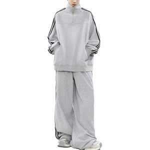 Ensemble de survêtement sport à fermeture éclair sur le côté, en molleton de coton premium, coupe ample unisexe, rayures vintage, pantalon large, survêtements unisexes - Product Image 5