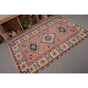 พรมตุรกีวินเทจคลาสสิกสีชมพูสีฟ้า4.1 x 6.4ft พื้นที่ขนาดใหญ่ผ้าขนสัตว์ด้านหลังรูปแบบนามธรรมสำหรับวัยรุ่นสี่เหลี่ยมผืนผ้าห้องโถง - Product Image 5